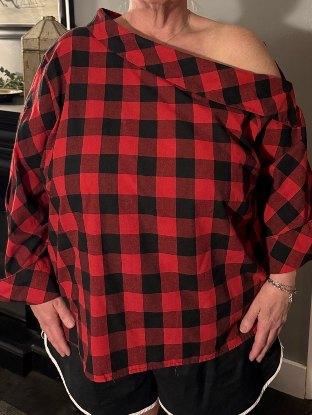 Eloquii Red and Black Buffalo Plaid Off-Shoulder Tunic